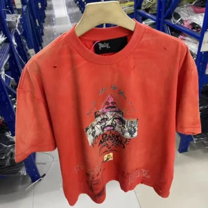 FW26 Wash Red Paly Hollywood T-shirt High Street Retro American Style Graffiti Hot Drill Print Ripped Hole Short Sleeve Top Tee