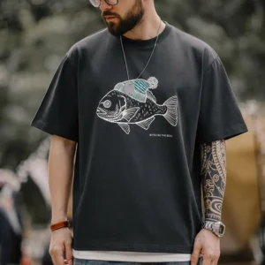 Maden Vintage Flocked Print Short-sleeved T-shirts Animal Pattern Cotton Round Neck Tops for Men's Summer Casual Loose Fit Tee