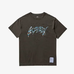 Faionable round Ne ort Sve T-irt with Splaed Ink Design And Hole Detail Vintage Sle ex Casual Wear for Youth